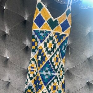 Crochet Maxi Dress in Green, Blue & Yellow